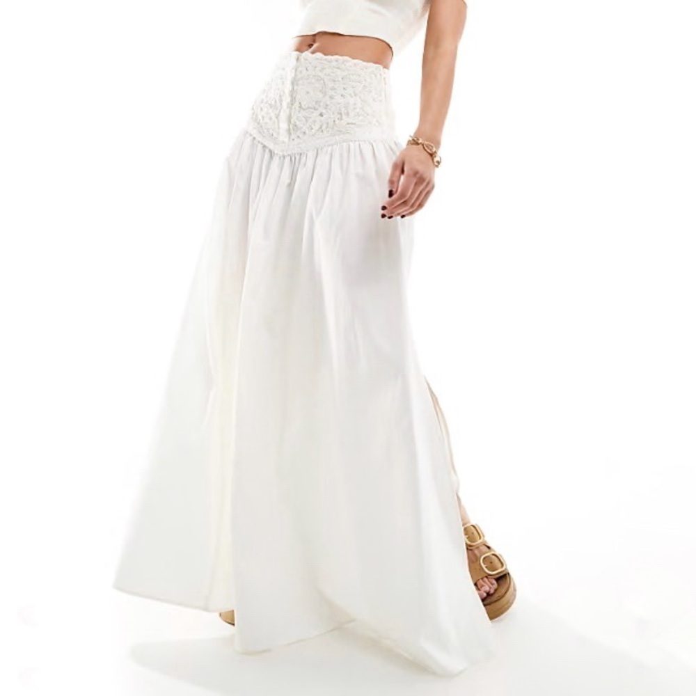 NWT Free People Embroidered Lace Paneled Maxi Skirt in Ecru White